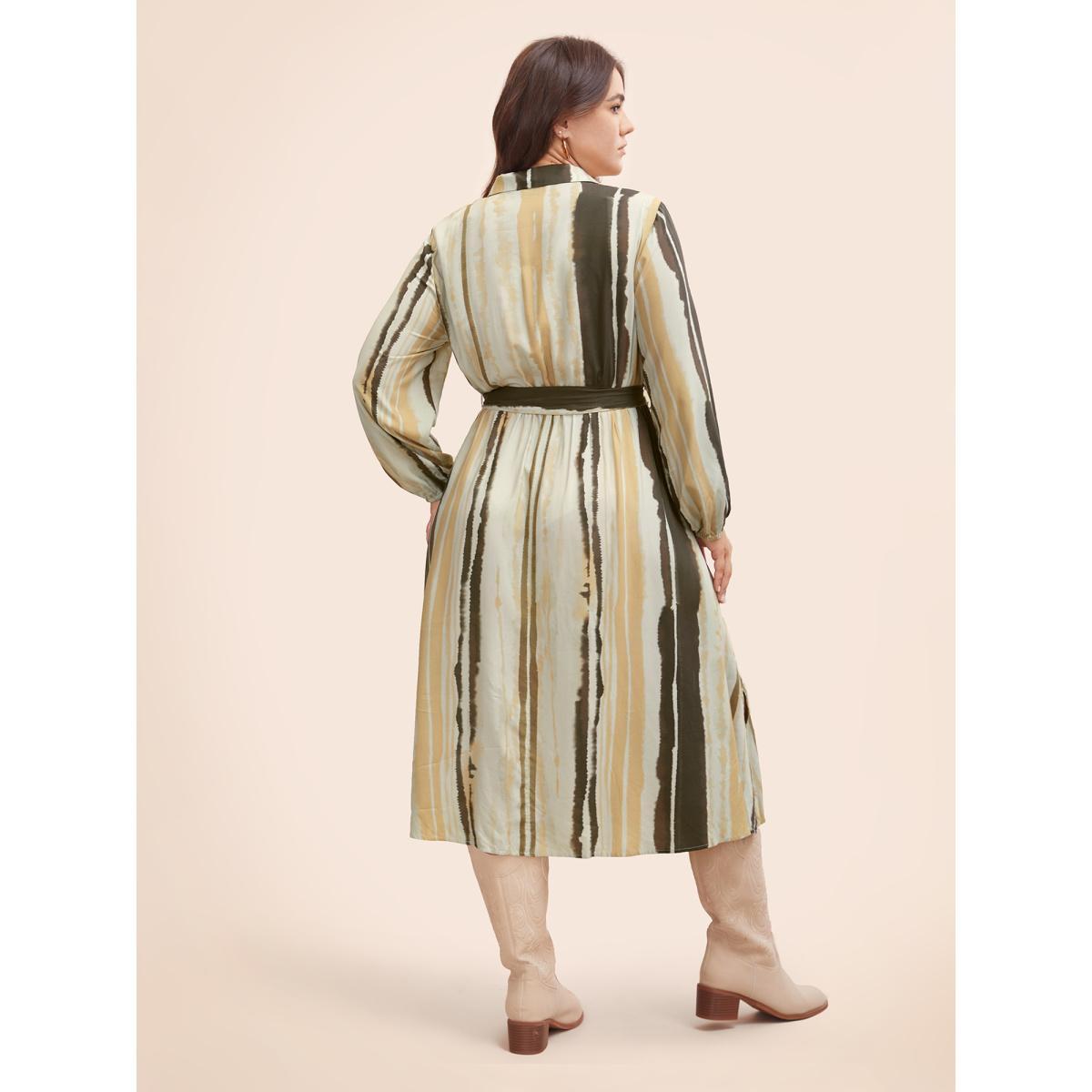 Plus Size Shirt Collar Striped Pocket Belted Dress Multicolor Women Elegant Belted Shirt collar Long Sleeve Curvy BloomChic 26/4X Product Image