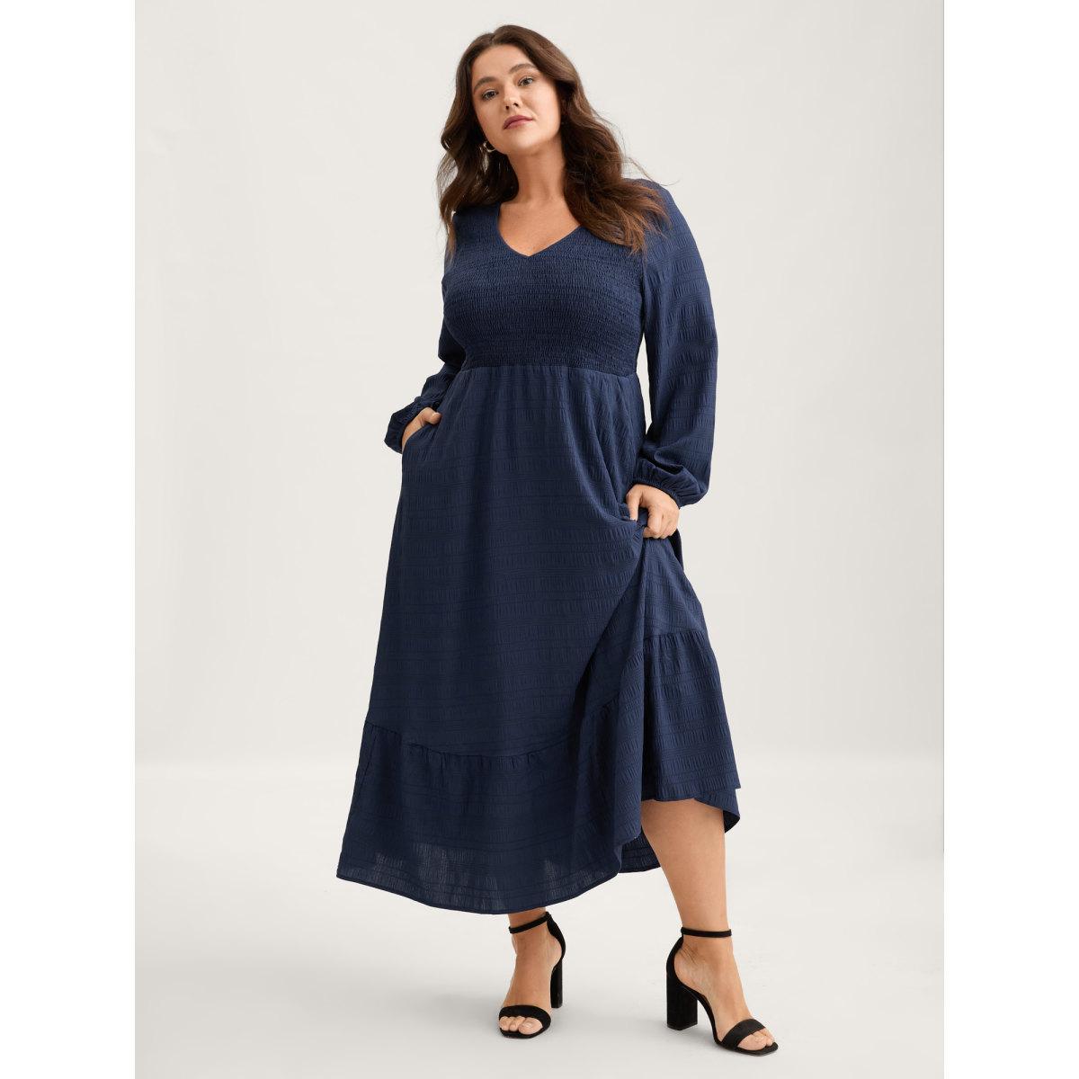 Plus Size Solid Shirred Plisse Flutter Hem Dress DarkBlue Women Elegant Elastic cuffs V-neck Long Sleeve Curvy Midi Dress BloomChic 12/L Product Image