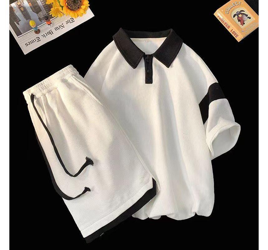 Set: Short-Sleeve Two Tone Panel Polo Shirt + Drawstring Waist Sweat Shorts Product Image