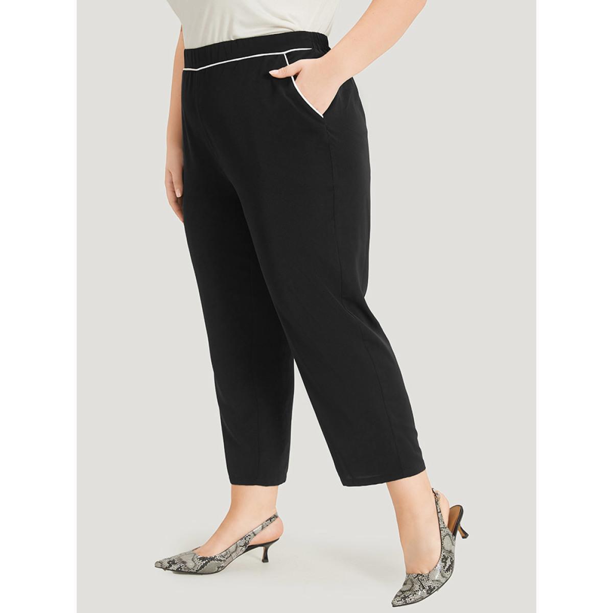 Plus Size Two Tone Seam Detail Pocket Elastic Waist Pants Women Black Office Straight Leg High Rise Work Pants BloomChic 14-16/1X Product Image
