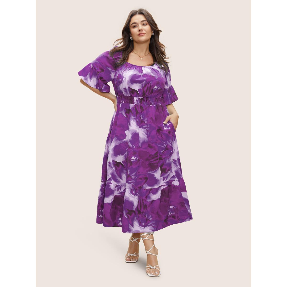 Plus Size Square Neck Floral Shirred Ruffle Sleeve Dress Purple Women Elegant Non Square Neck Short sleeve Curvy Midi Dress BloomChic 22-24/3X Product Image