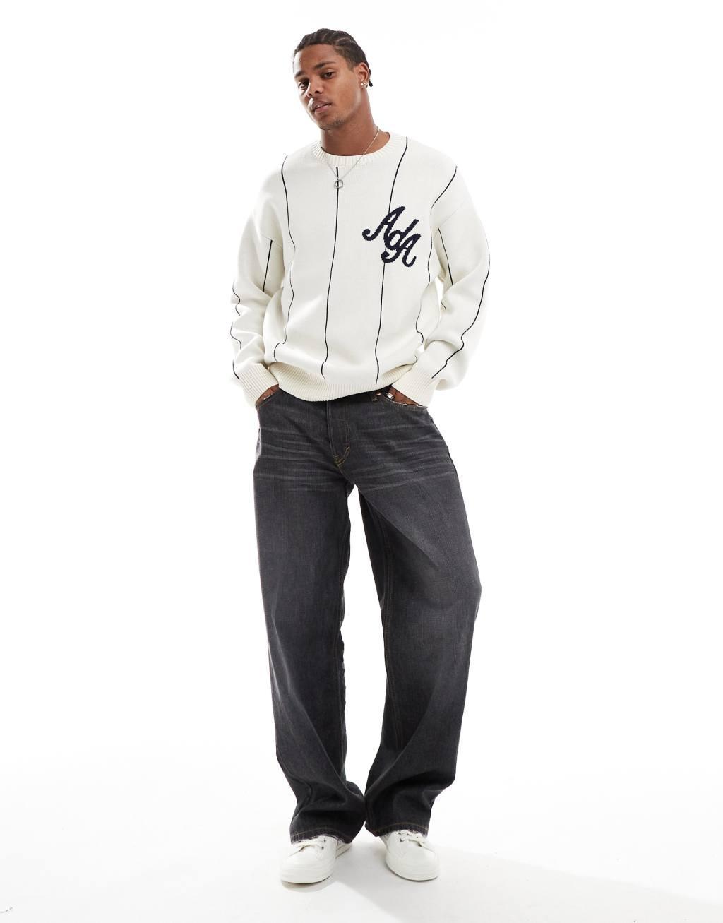 Alma de Ace logo knit striped sweater in white  Product Image