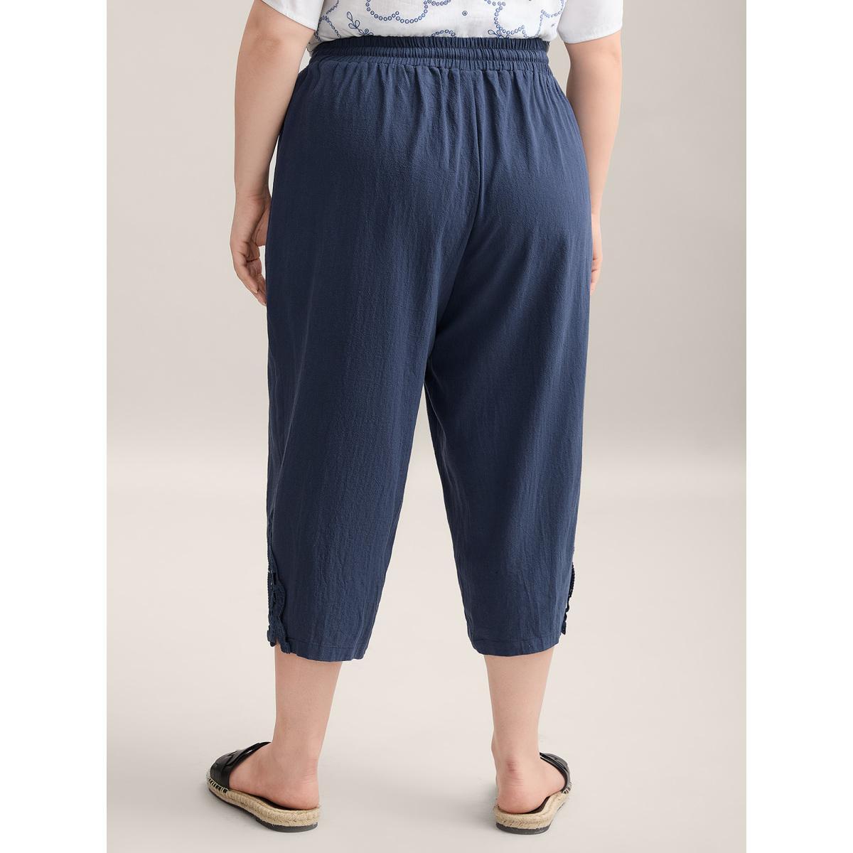 Plus Size Lace Cut-Out Straight-Leg Plain Pants Women Indigo Resort Straight Leg Mid Rise Vacation Pants BloomChic 26/4X Product Image