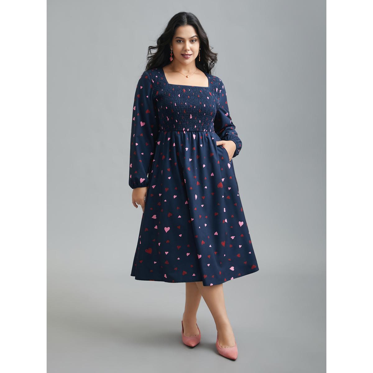 Plus Size Square Neck Shirred Hearts Midi Dress Indigo Women Elegant Shirred Square Neck Long Sleeve Curvy BloomChic 14-16/1X Product Image