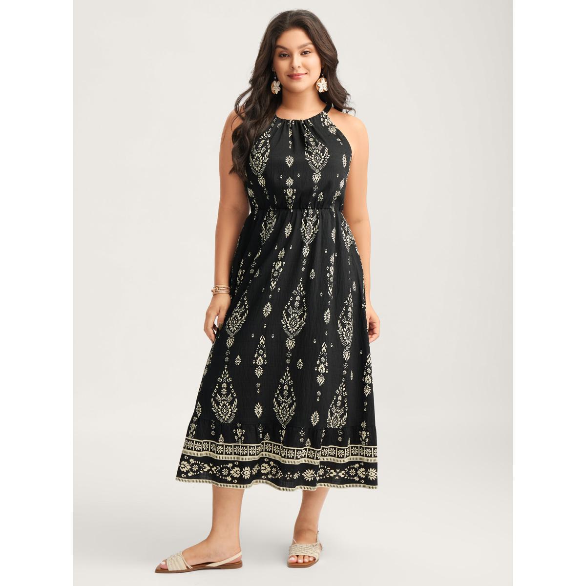 Plus Size Boho Print Halter Neck Pockets Midi Dress Black Women Non Halter neck Sleeveless Curvy BloomChic 12/L Product Image