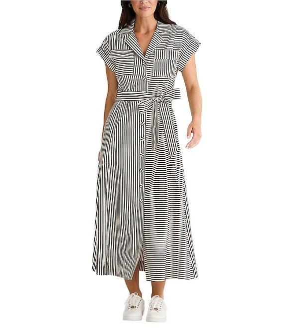 Brave + True Portia Short Sleeve Striped Collared Button Front Midi Dress Product Image