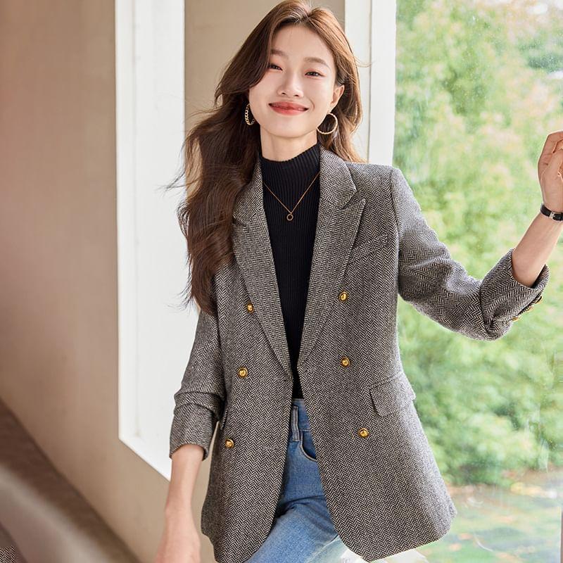 Lapel Collar Patterned Double Breasted Blazer Product Image