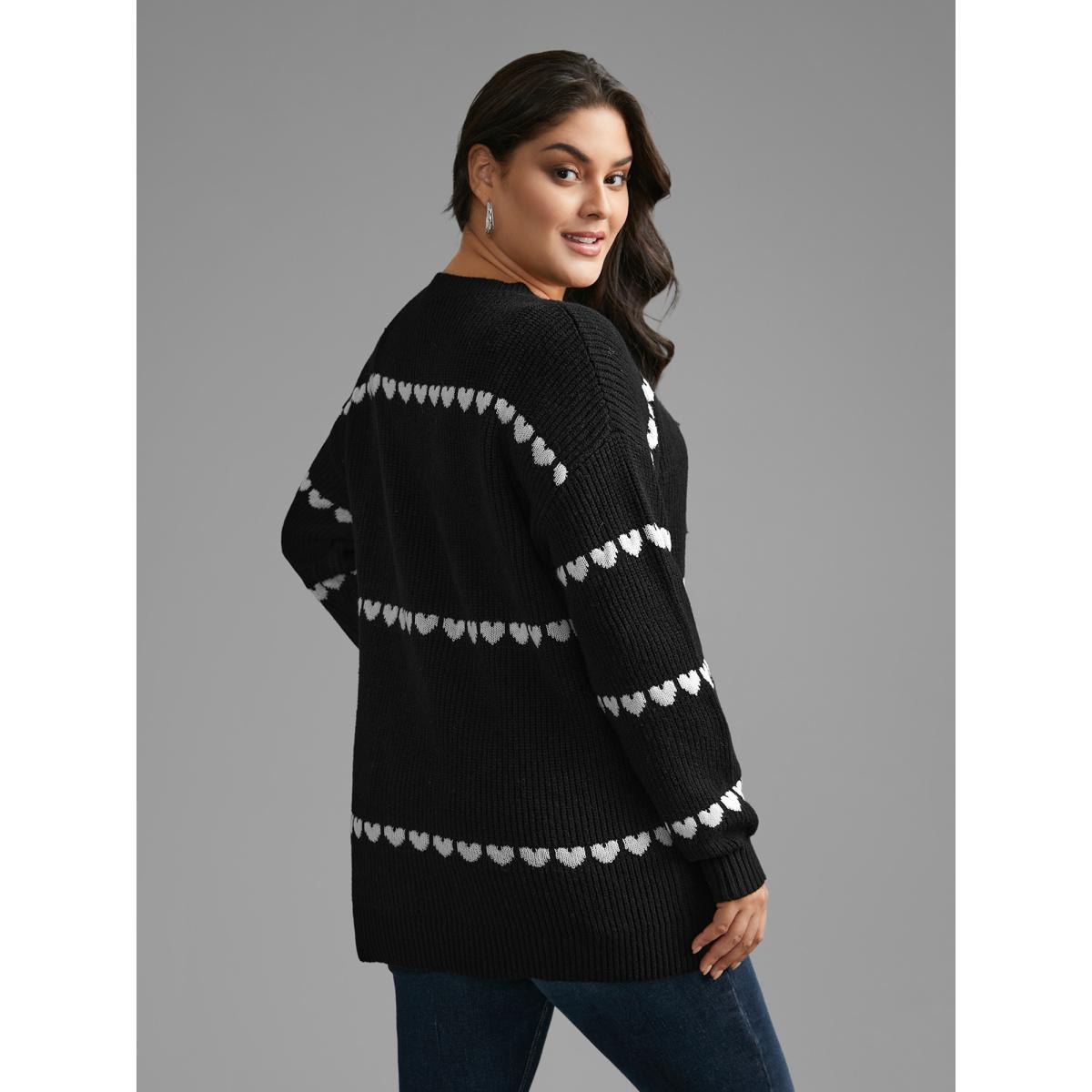 Plus Size Supersoft Essentials Heart Jacquard Pullover Black Women Casual Loose Long Sleeve Round Neck Everyday Pullovers BloomChic 26/4X Product Image