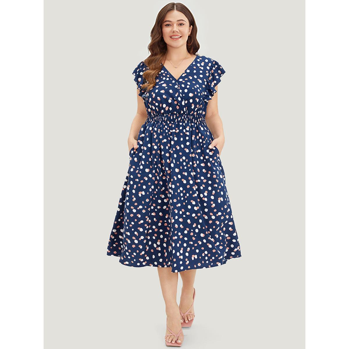 Plus Size Allover Print Pocket Wrap Flutter Cap Sleeve Dress DarkBlue Women Office Wrap V-neck Sleeveless Curvy Midi Dress BloomChic 12/L Product Image
