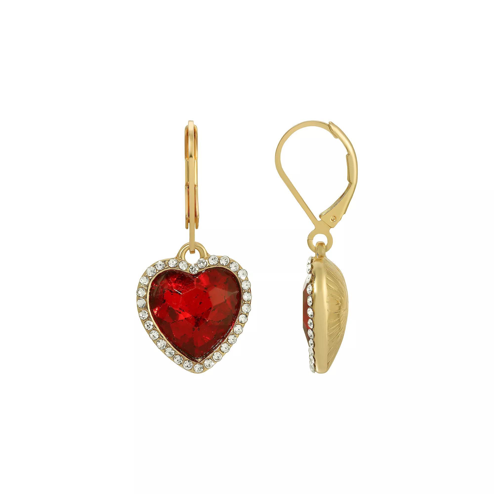 1928 Crystal Heart Leverback Drop Earrings, Womens, Red Product Image
