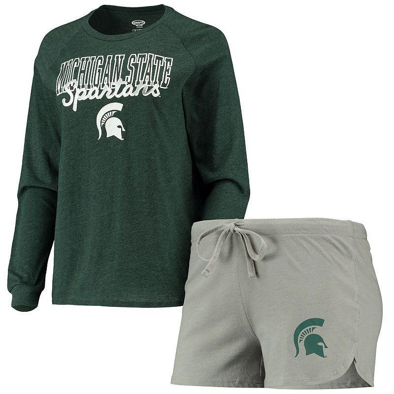 Women's Concepts Sport Green/Gray Michigan State Spartans Raglan Long Sleeve T-Shirt & Shorts Sleep Set, Size: XL Product Image