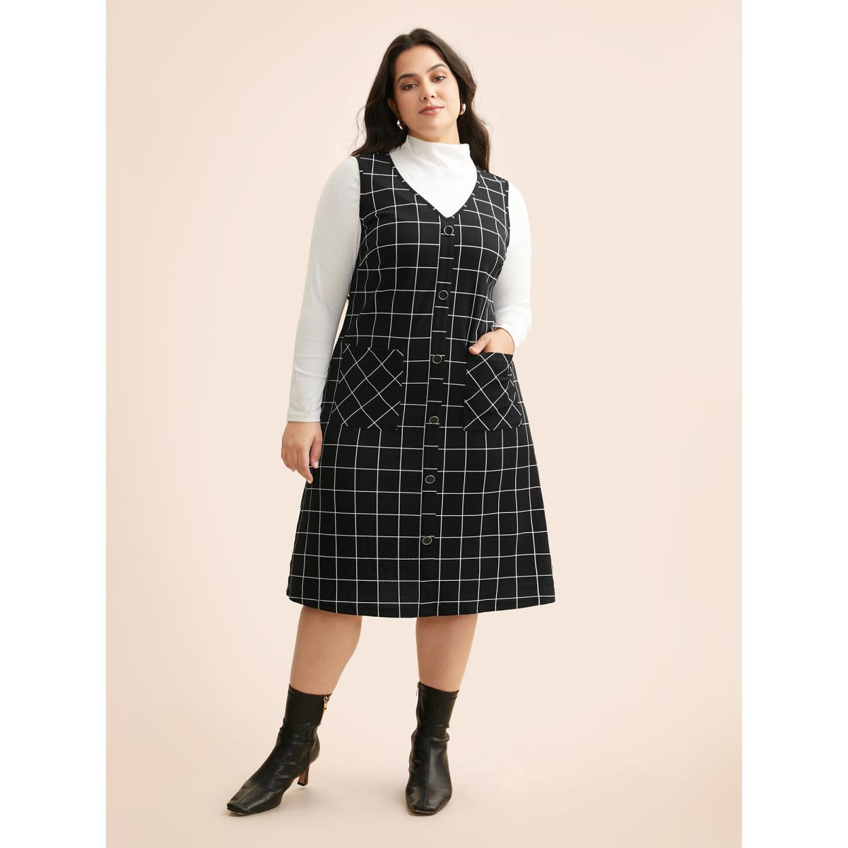 Plus Size Plaid V Neck Button Detail Dress Black Women Casual Button V-neck Sleeveless Curvy BloomChic 18-20/2X Product Image