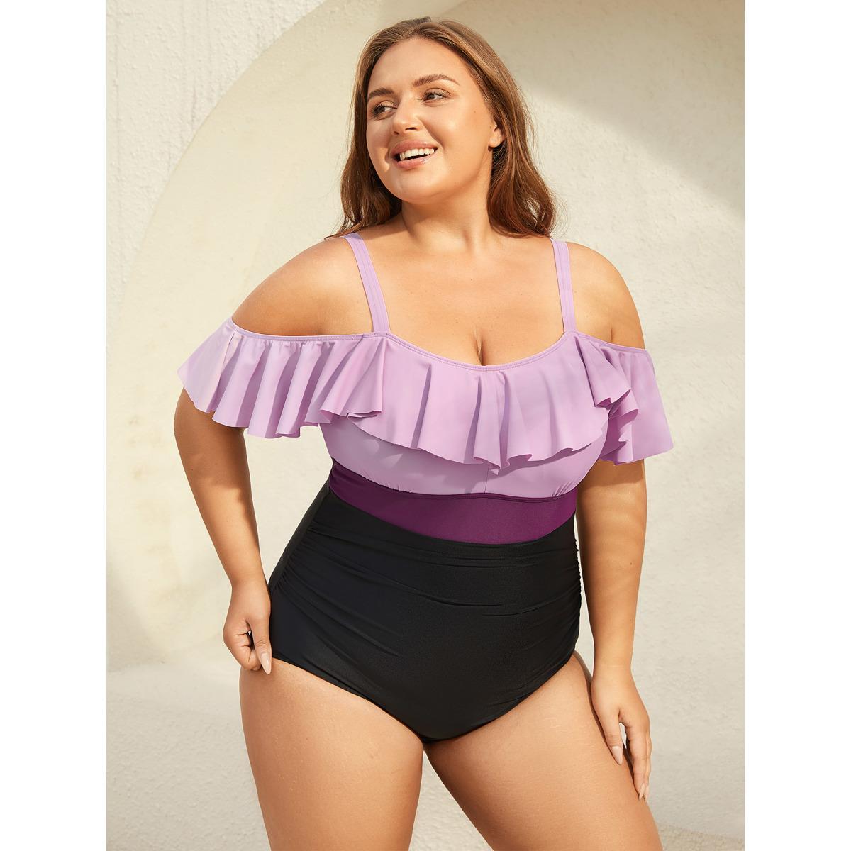 Plus Size Cold-Shoulder Ruffled One-Piece Swimsuit Women's Swimwear Lilac Beach Gathered Curve Bathing Suits High stretch One Pieces BloomChic 22-24/3X Product Image