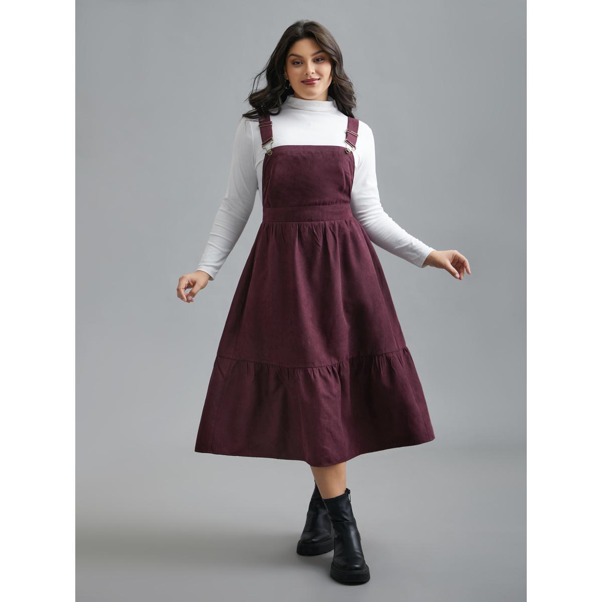 Plus Size Overall Adjustable Straps Tiered Midi Dress Eggplant Women Casual Gathered Non Sleeveless Curvy BloomChic 22-24/3X Product Image
