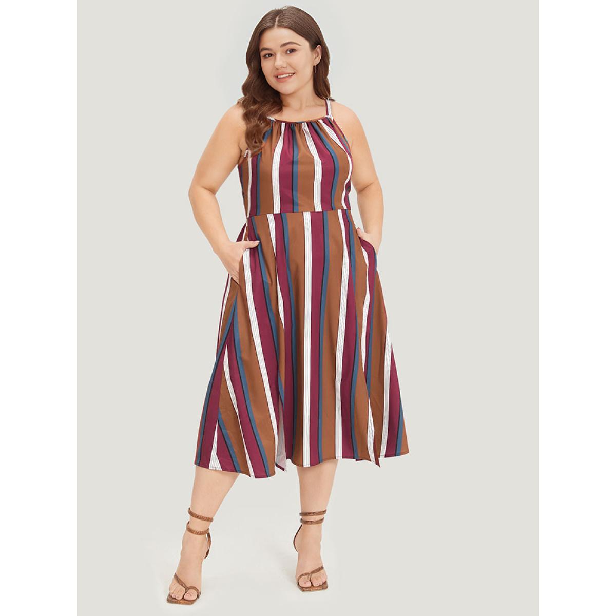 Plus Size Striped Bowknot Cut Out Split Hem Gathered Cami Dress Multicolor Women Elegant Knotted Spaghetti Strap Sleeveless Curvy Midi Dress BloomChic 14-16/1X Product Image