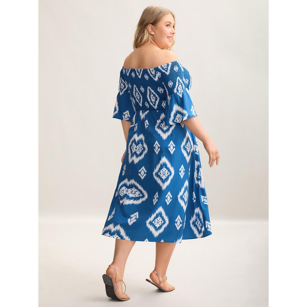 Plus Size Bandana Print Off-Shoulder Pockets Midi Dress Aegean Women Resort Shirred One-shoulder neck Elbow-length sleeve Curvy BloomChic 14-16/1X Product Image