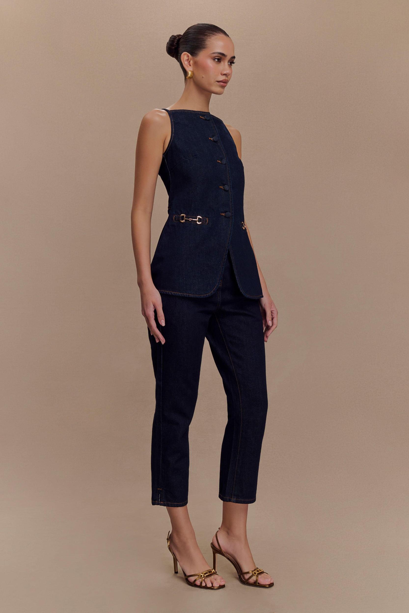 Ashton Sleeveless Button Denim Top - Indigo Blue Product Image