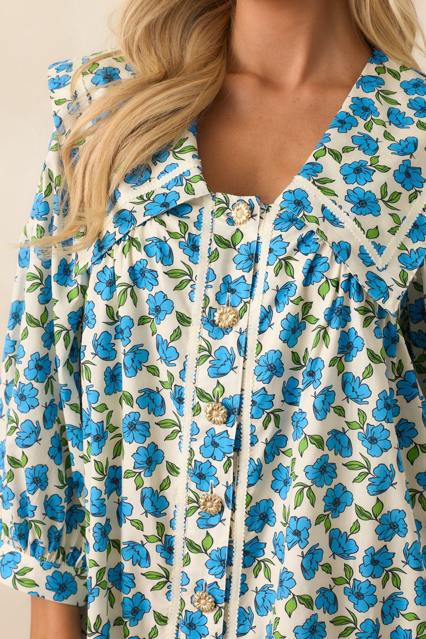 Butterfly Garden Blue Cotton Button Front Mini Dress Product Image