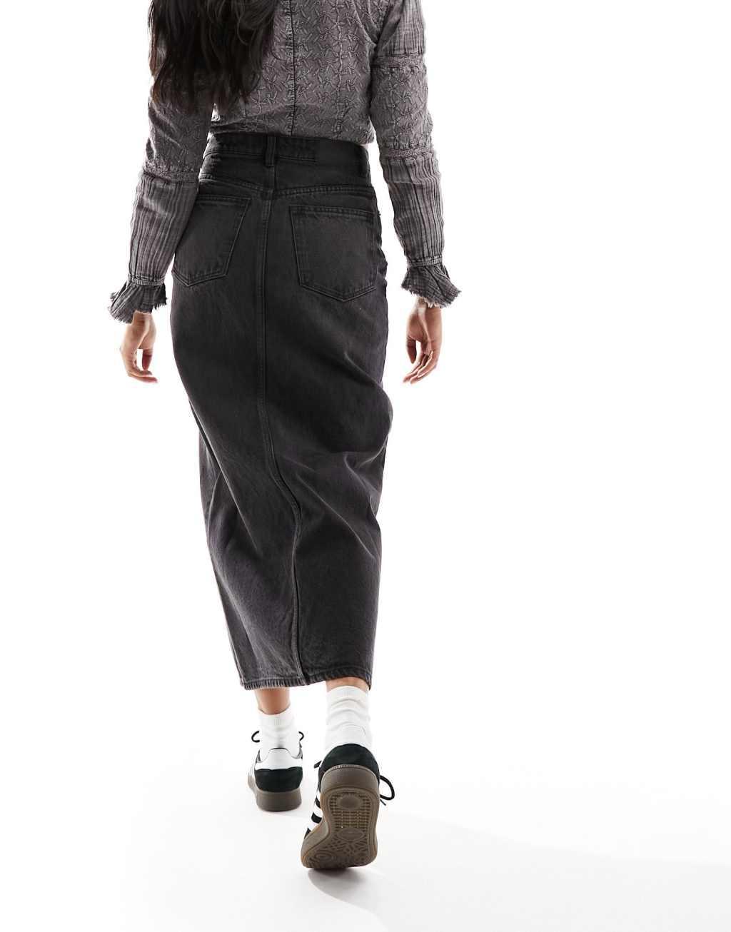Monki denim midi skirt with split in clean black wash Product Image