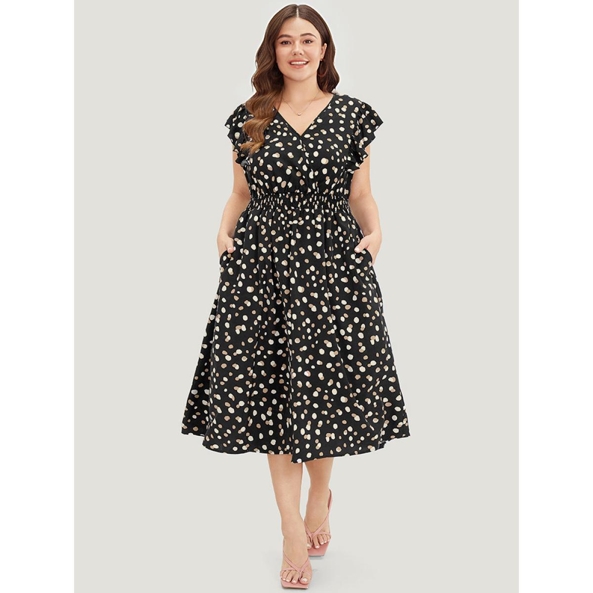 Plus Size Allover Print Pocket Wrap Flutter Cap Sleeve Dress Black Women Office Wrap V-neck Sleeveless Curvy Midi Dress BloomChic 22-24/3X Product Image