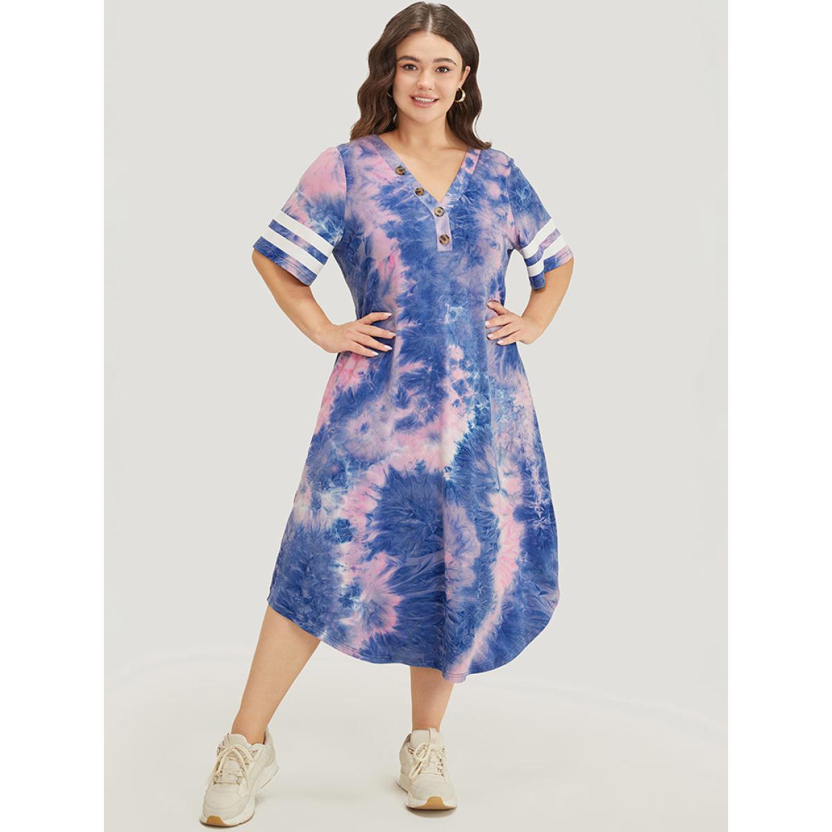 Plus Size Tie Dye & Striped Button Detail Pocket Arc Hem Dress Blue Women Casual Printed V-neck Short sleeve Curvy Midi Dress BloomChic 28/5X Product Image