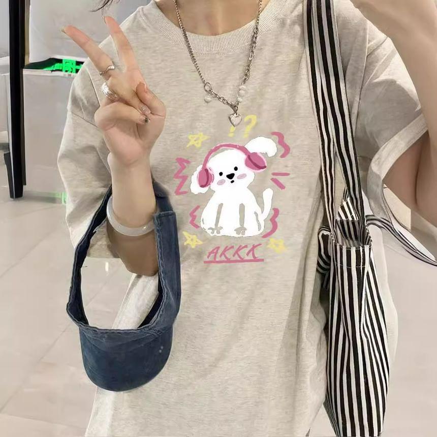 Short Sleeve Dog & Lettering Print Loose-Fit Tee Product Image