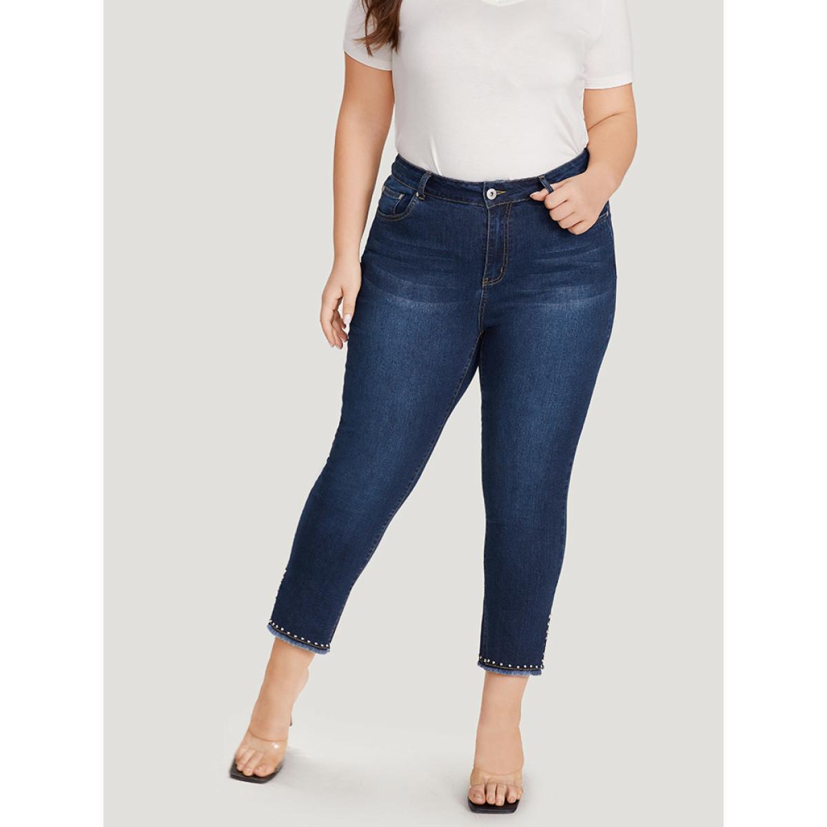 Plus Size Plain Split Side Beaded Detail Dark Wash Jeans Women DarkBlue Casual Plain Beaded High stretch Pocket Jeans BloomChic 30/6X Product Image