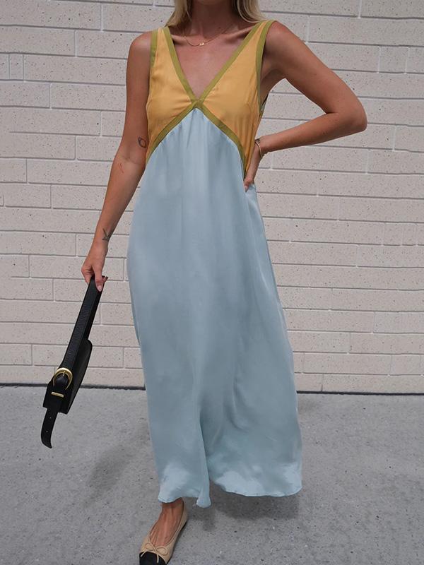 Loose Sleeveless Contrast Color Split-Joint Deep V-Neck Maxi Dresses Product Image