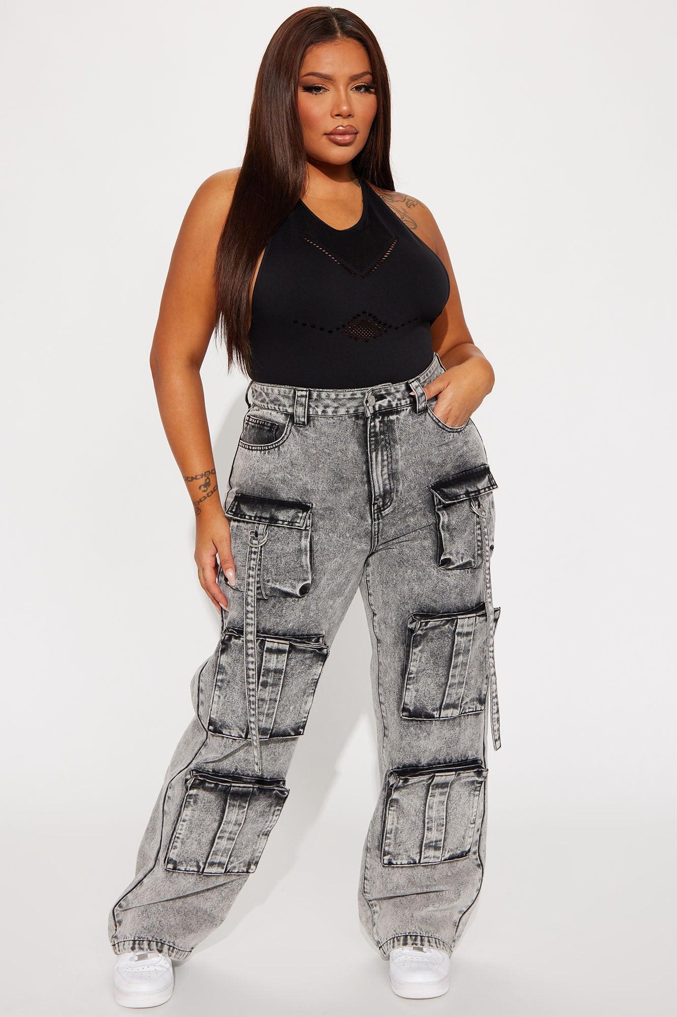 Somehow Somewhere Non Stretch Cargo Straight Leg Jeans - Acid Wash Grey Product Image