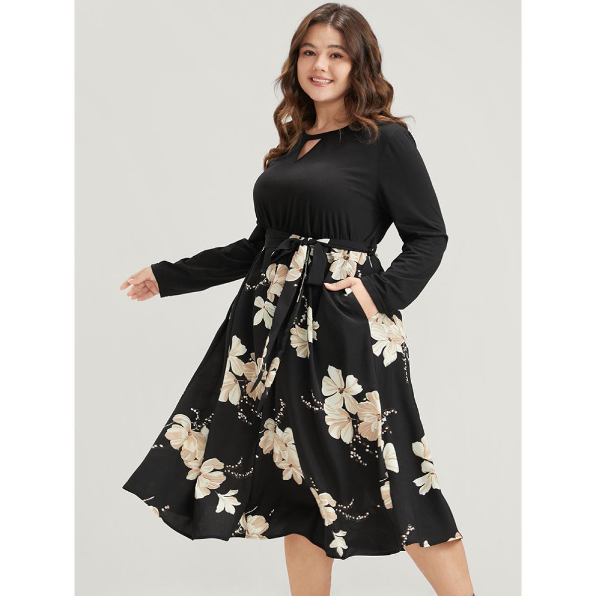 Plus Size Floral Print Keyhole Round Neck Pocket Belted Dress Multicolor Women Elegant Belted Round Neck Long Sleeve Curvy Midi Dress BloomChic 26/4X Product Image
