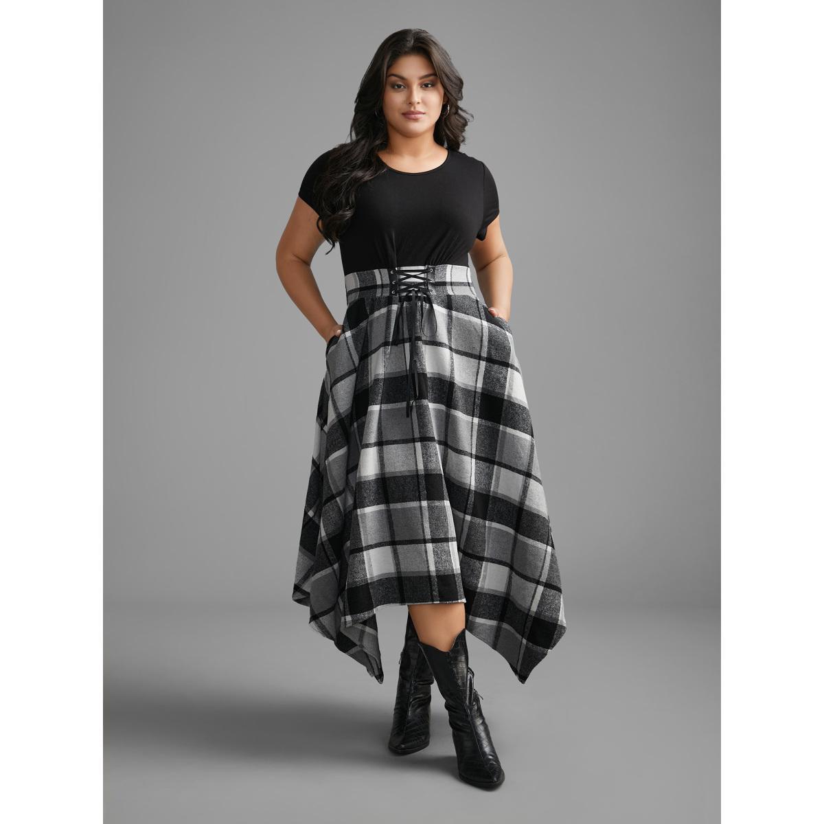Plus Size Elastic Plaid Asymmetrical Hem Dress Black Women Cocktail Wraparound straps Party Curvy Bloomchic 12/L Product Image