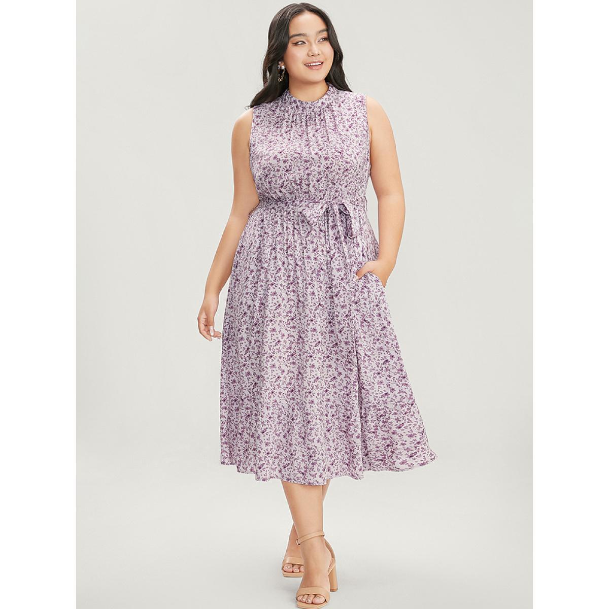 Plus Size Ditsy Floral Keyhole Pocket Belted Mock Neck Ruffles Dress Lavender Women Elegant Pocket Mock Neck Sleeveless Curvy Midi Dress BloomChic 12/L Product Image