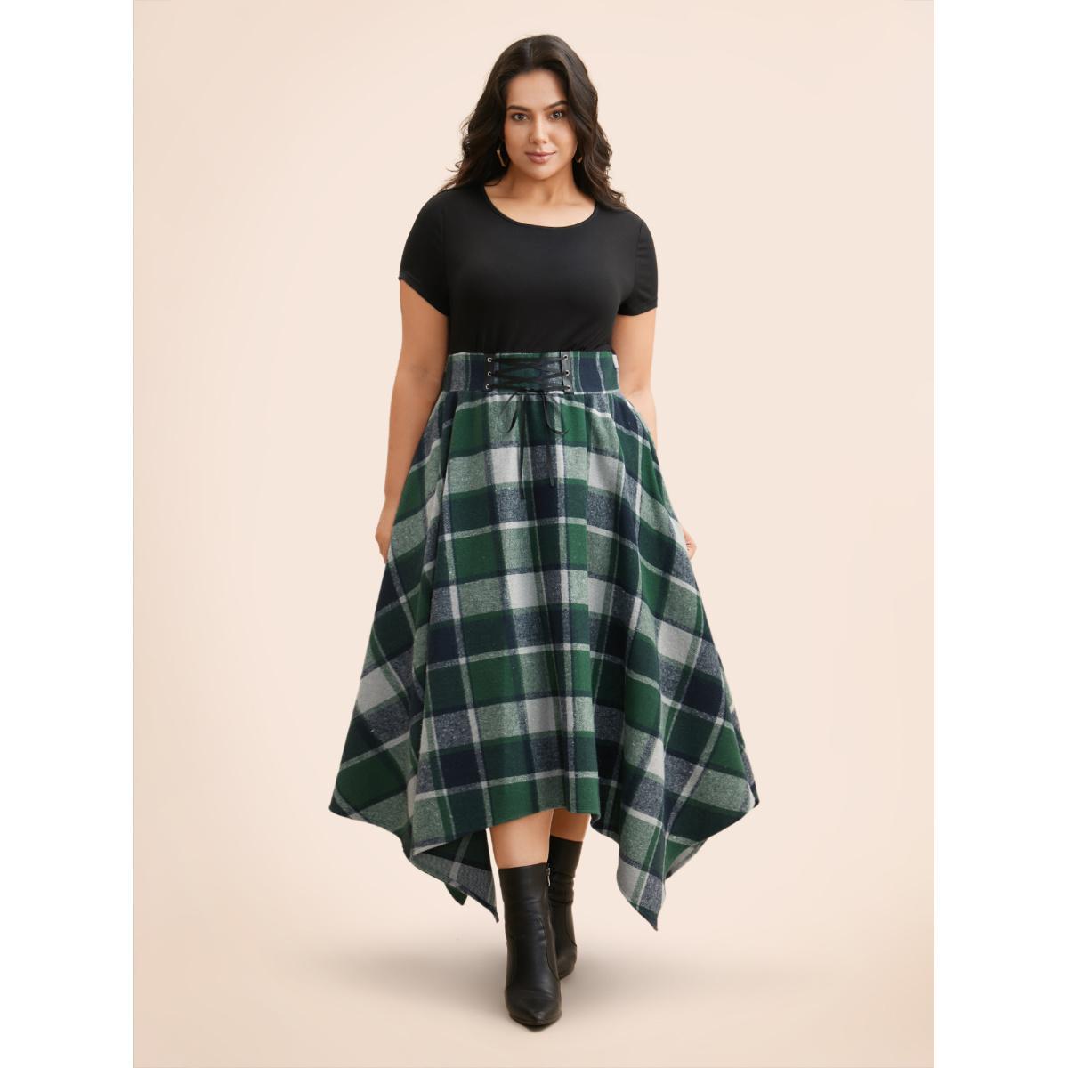 Plus Size Elastic Plaid Asymmetrical Hem Dress Emerald Women Cocktail Wraparound straps Party Curvy Bloomchic 12/L Product Image