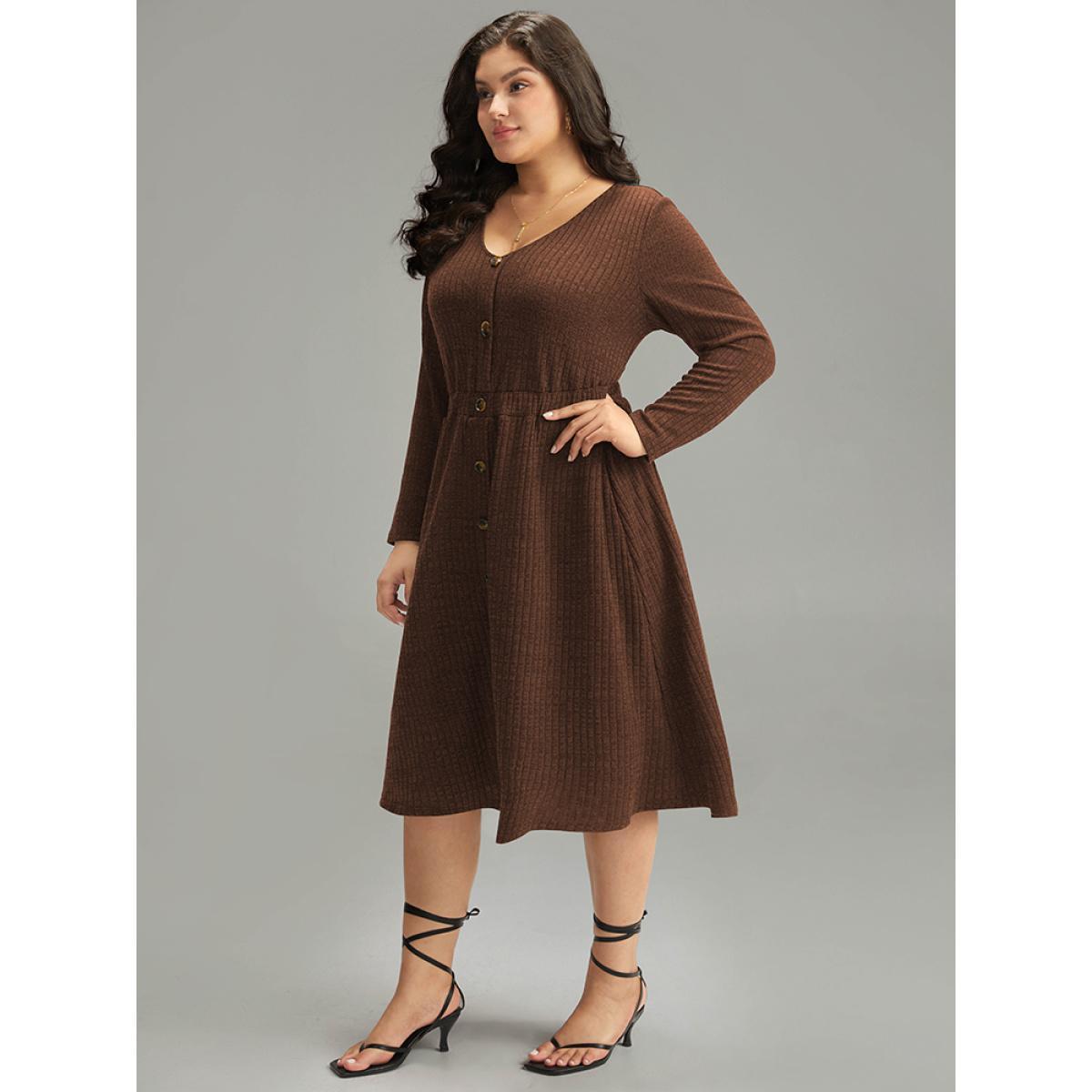Plus Size Rib Knit Button Detail Pocket Dress Chocolate Women Casual Plain V-neck Long Sleeve Curvy Midi Dress BloomChic 14-16/1X Product Image