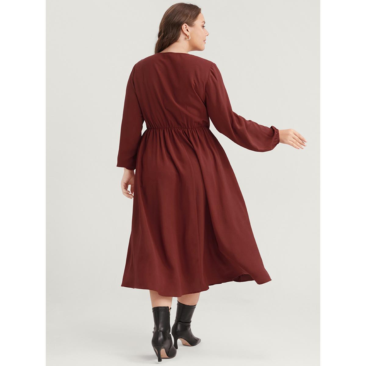 Plus Size Solid Pocket Lace Insert Lantern Sleeve Flutter Dress Scarlet Women Elegant V-neck Long Sleeve Curvy Midi Dress BloomChic 14-16/1X Product Image