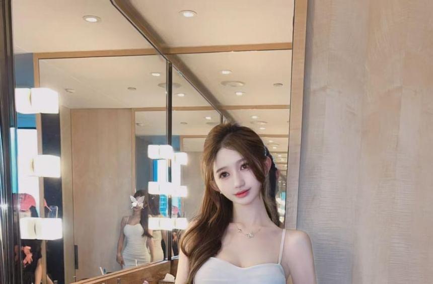 Spaghetti Strap Plain Ruched Mini Bodycon Dress Product Image