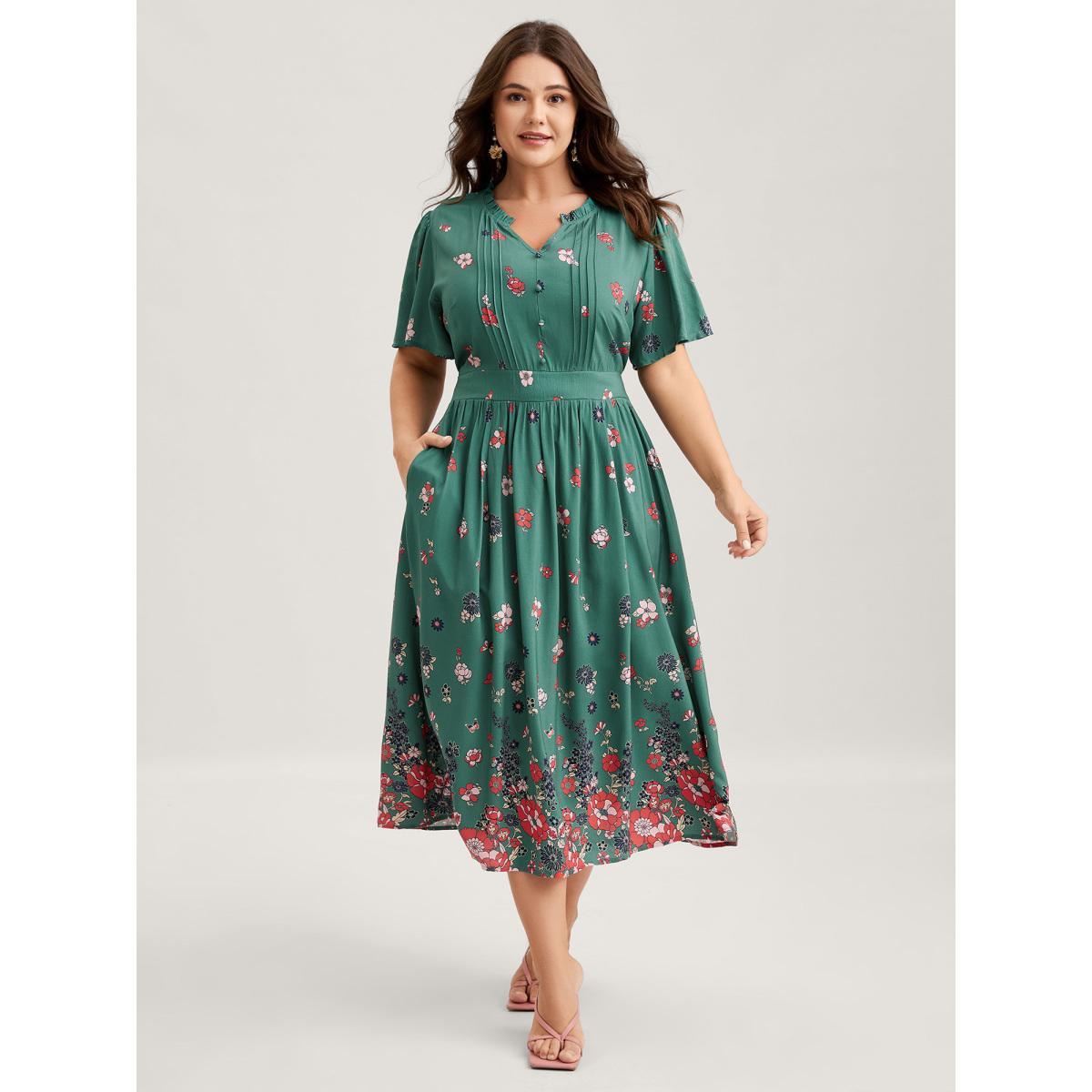 Plus Size Floral Pleated Notched Collar Midi Dress Emerald Women Flat collar with V-notch Short sleeve Curvy BloomChic 26/4X Product Image