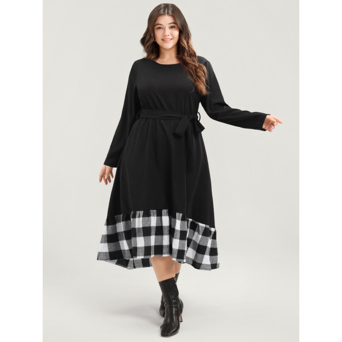 Plus Size Plaid Patchwork Pocket Belted Asymmetrical Hem Dress Black Women Elegant Belted Round Neck Long Sleeve Curvy Midi Dress BloomChic 10/M Product Image