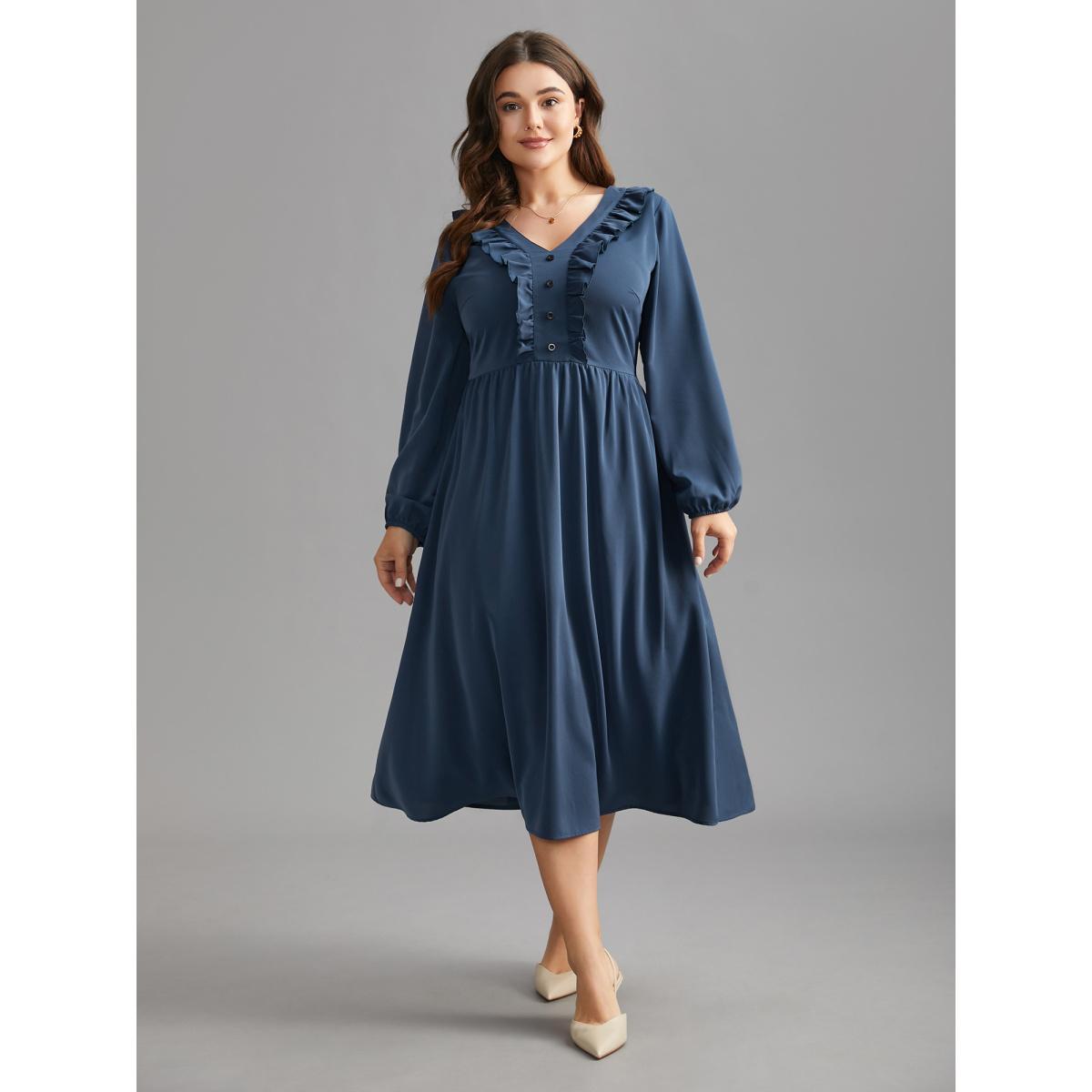 Plus Size Solid Ruffle Trim Elastic Waist Midi Dress DarkSlateGray Women Elegant Frill Trim V-neck Long Sleeve Curvy BloomChic 22-24/3X Product Image