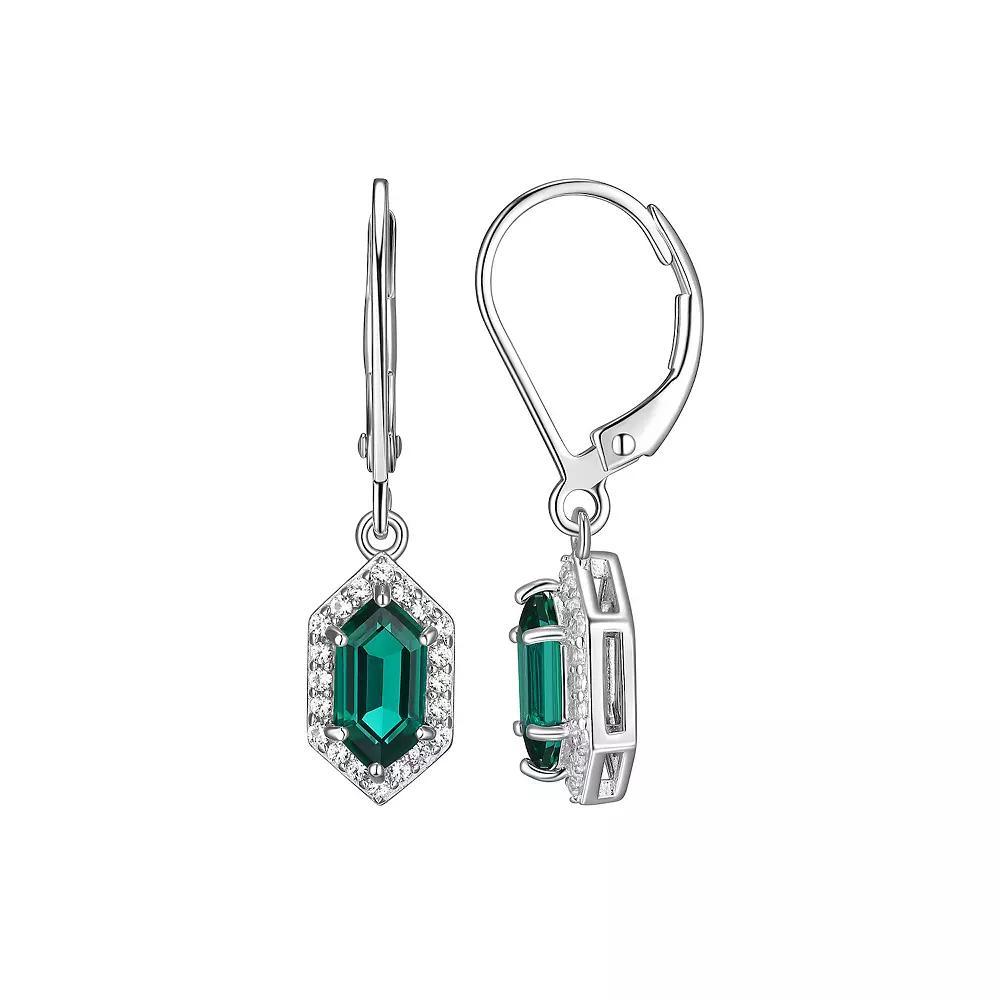 Rhodium-Plated Sterling Silver Lab-Created Emerald With Lab-Created White Sapphire Halo Leverback Drop Earrings, Women's Product Image