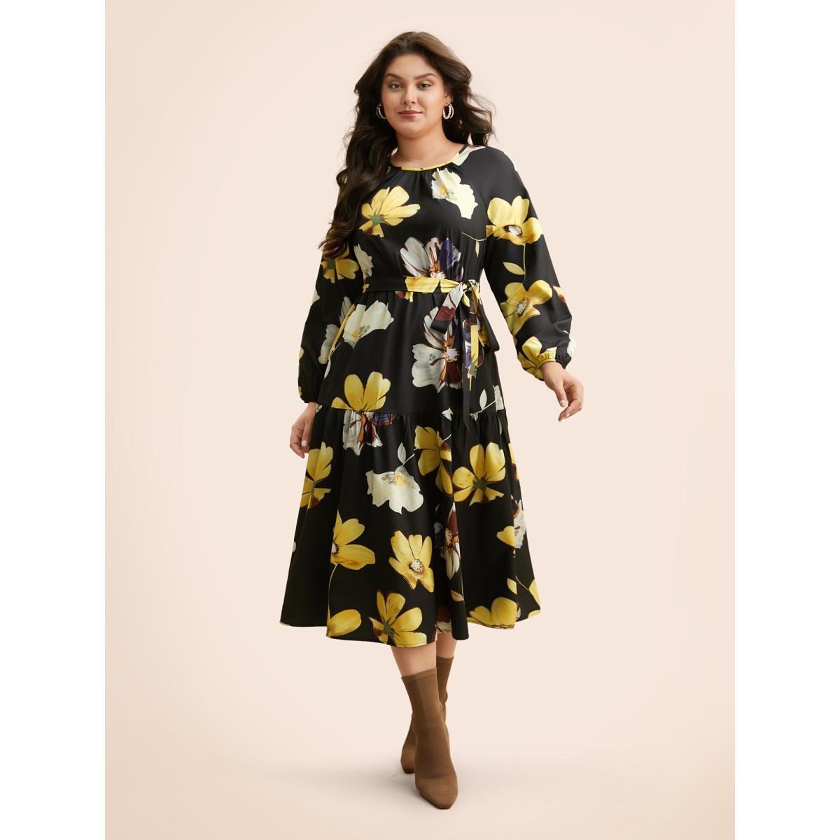 Plus Size Floral Round Neck Gathered Belted Dress Black Women Elegant Gathered Round Neck Long Sleeve Curvy BloomChic 22-24/3X Product Image