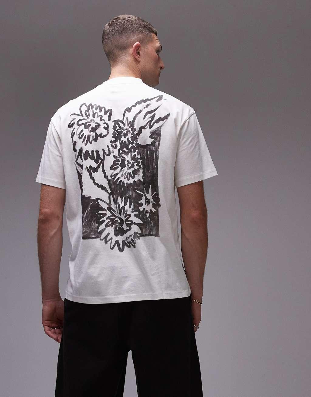 Topman oversized fit t-shirt with front and back painted floral print in ecru Product Image