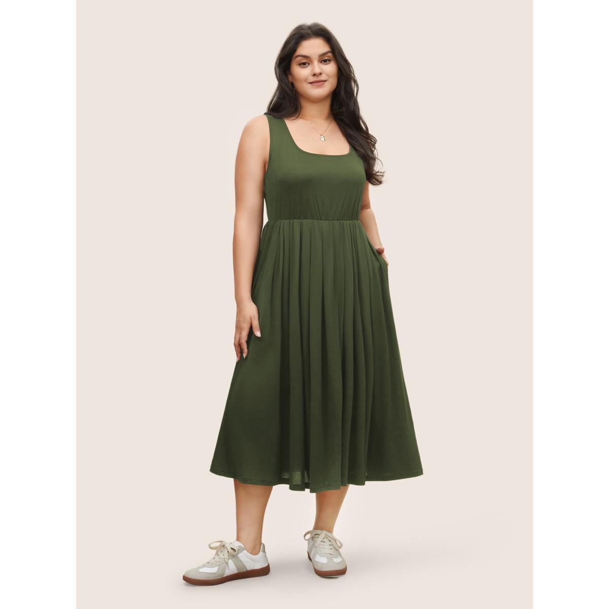 Plus Size Supersoft Essentials Solid Gathered Tank Dress ArmyGreen Women Basics Non U-neck Sleeveless Curvy Midi Dress BloomChic 14-16/1X Product Image