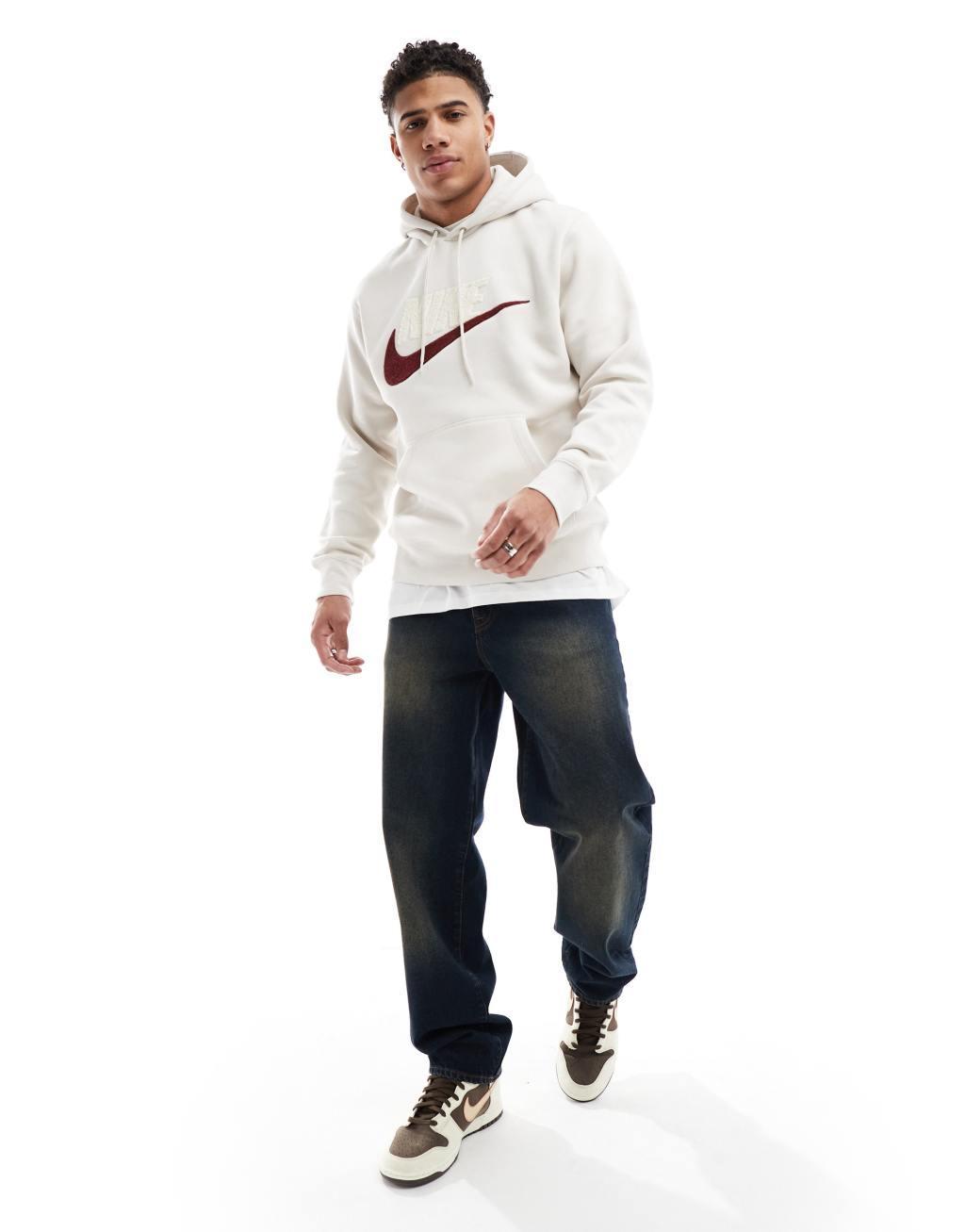 Nike Club Chenile Futura logo hoodie in off white and burgundy   Product Image