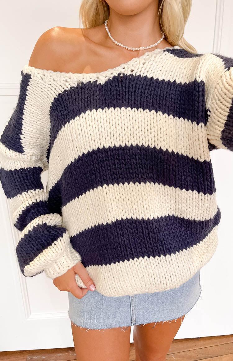 Delvey Navy Striped Chunky Knit Sweater Product Image