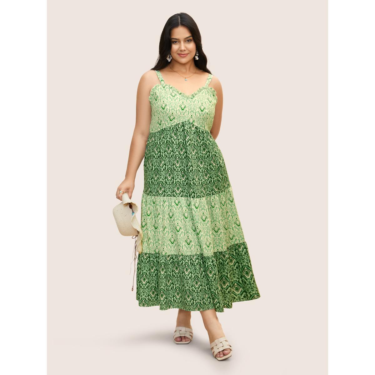 Plus Size Boho Print Frill Trim Ruffle Layered Hem Dress Moss Women Resort V-neck Sleeveless Curvy BloomChic 28/5X Product Image