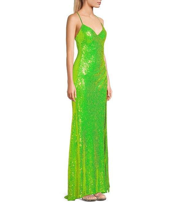 B. Darlin Mesh Sequin V-Neck Spaghetti Strap Lace Up Back Side Slit Long Dress Product Image