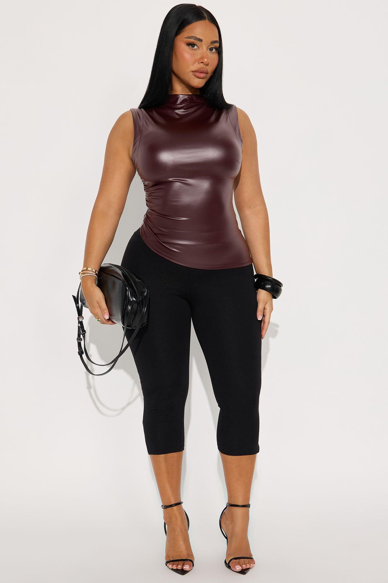 Never Ending Faux Leather Asymmetrical Mock Neck Top - Wine Product Image