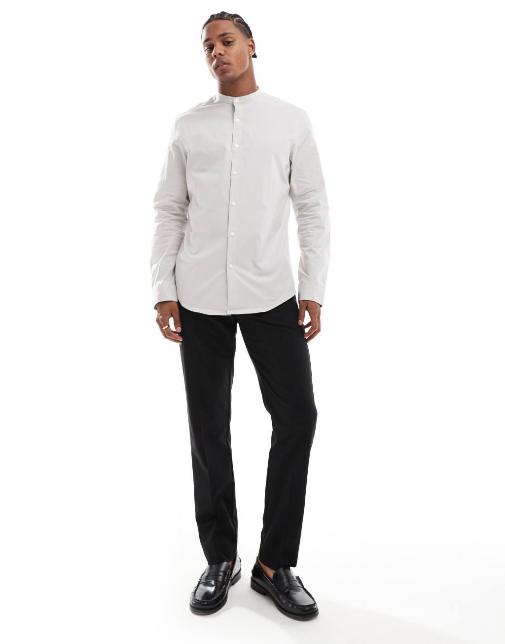 ASOS DESIGN slim fit band collar shirt in light gray Product Image
