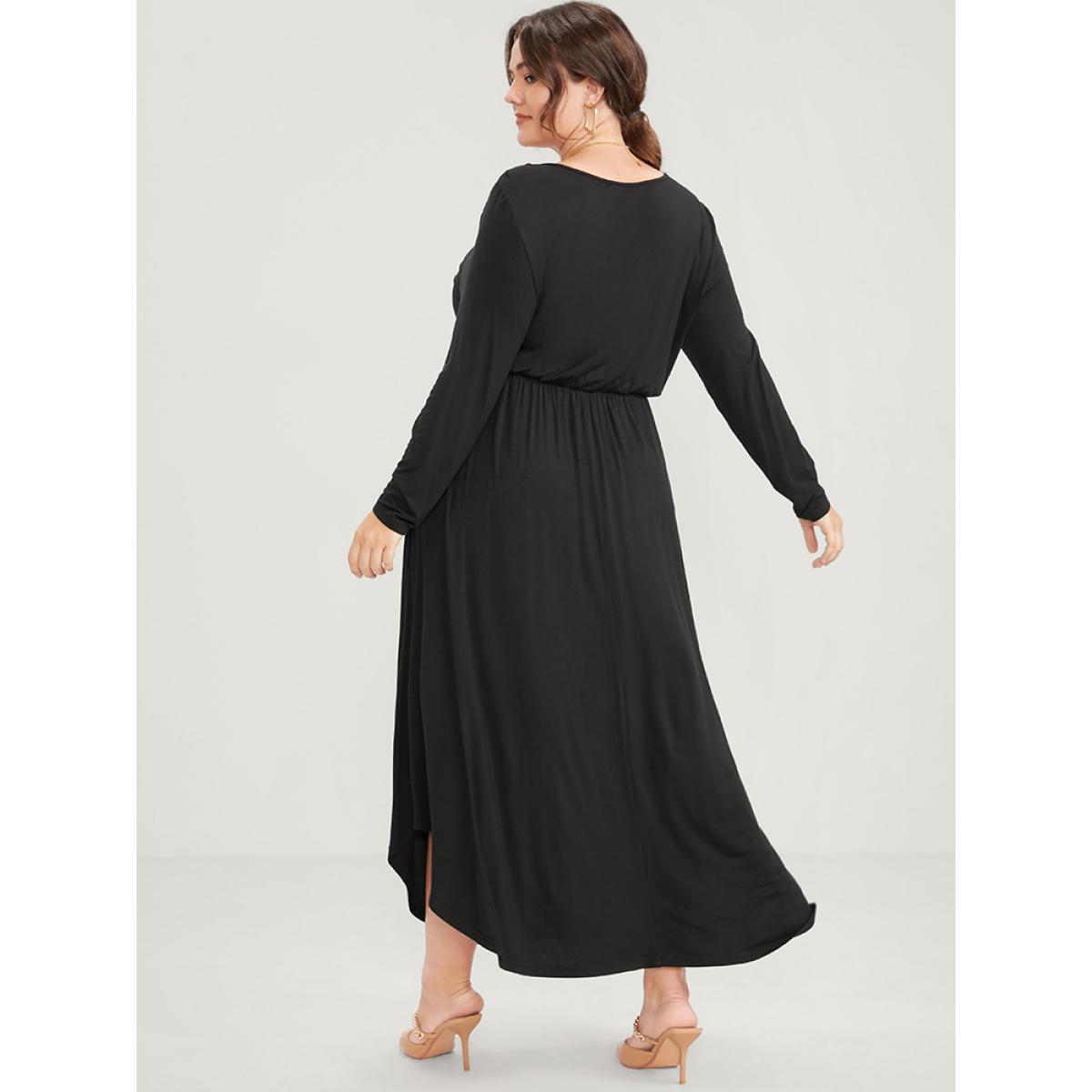 Plus Size Solid Pocket Button Elastic Waist Wrap Arc Hem Dress Black Women Elegant Arc Hem V-neck Long Sleeve Curvy Long Dress BloomChic 10/M Product Image